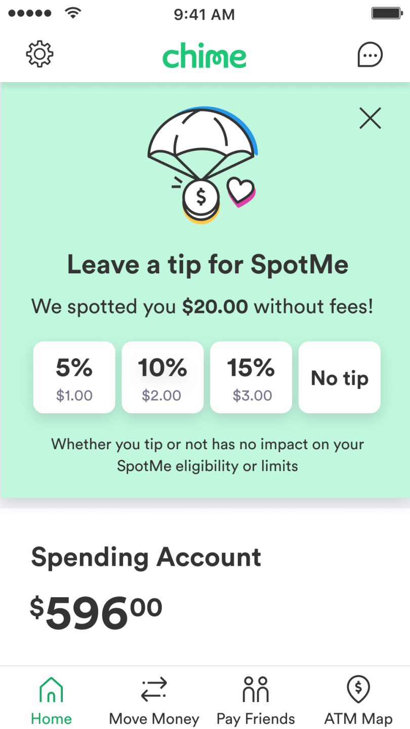 A screenshot of the Chime tipping experience, after redesign.